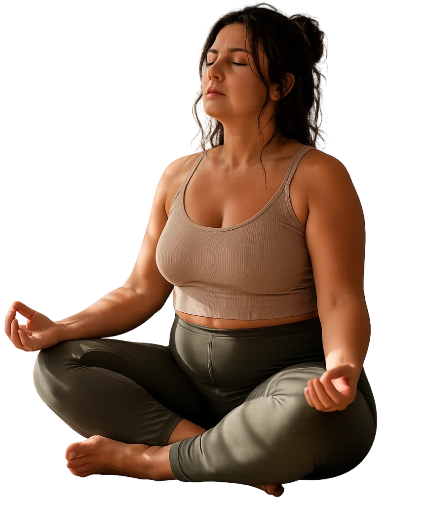 Mulher meditando representando autocuidado e transformação feminina